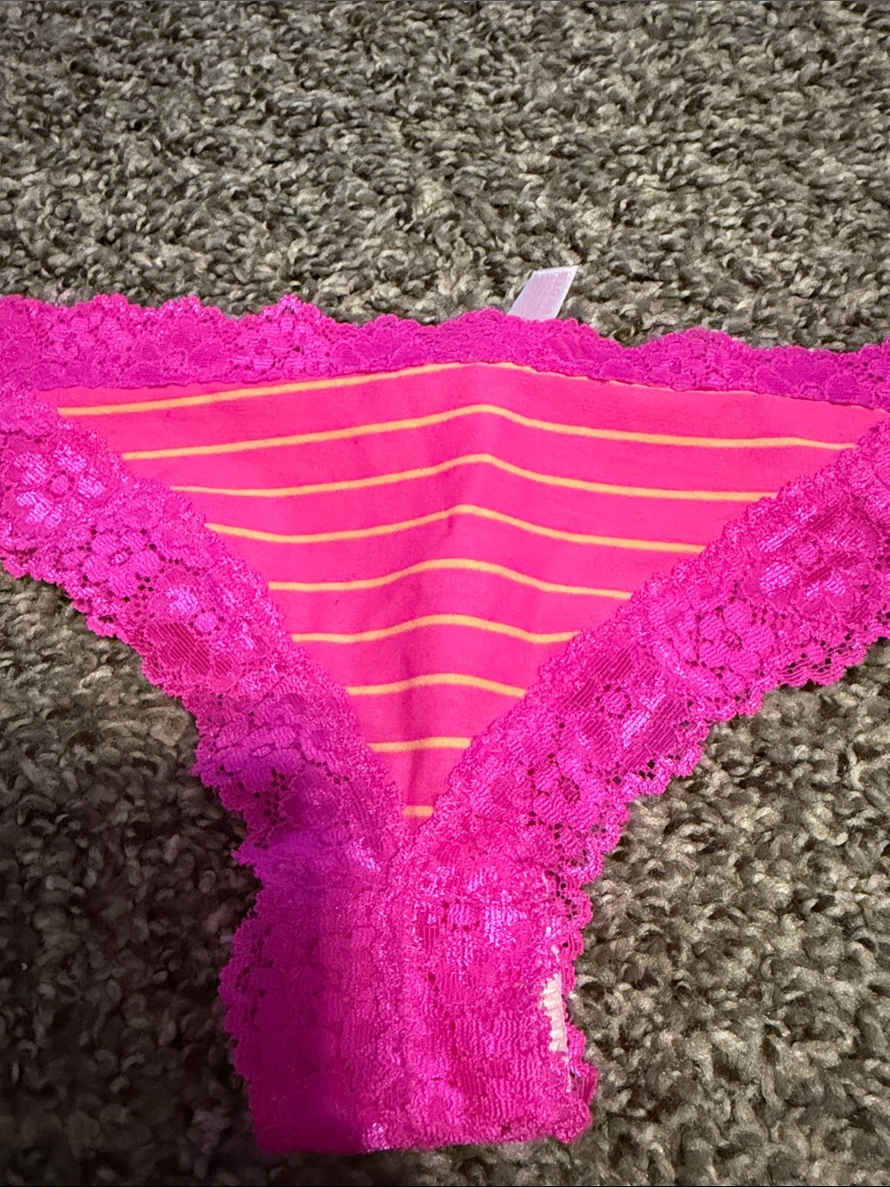 PINK Victoria's Secret Hot Pink Lace-Trim Striped Bikini Panty